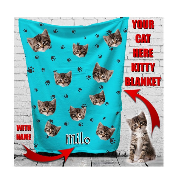 Personalized Cat Blanket Kitten Pet Blanket – Custom Blankets - Cat Lovers Gift Sherpa or Fleece Pet Photo Blanket Picture Blanket Christmas