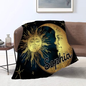 Personalized Custom Sherpa Blanket with Name - Sun & Moon - Customized Throw Blanket Great Christmas gift for girls boys adults grandparents