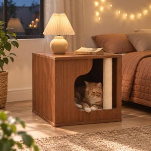 May include: A wooden cat house with a square frame and a curved opening. Inside, an orange tabby cat rests next to a vertical white sisal scratching post. A pleated lamp sits on top of the unit, alongside a book titled A Life Given in Brooklyn.