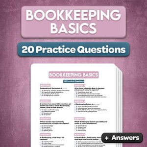 Könnte beinhalten: Ein Dokument mit dem Titel Bookkeeping Basics mit 20 Practice Questions. Die Seite enthält acht Multiple-Choice-Fragen zu Buchhaltungsprinzipien, darunter Themen wie einfache Buchführungssysteme, Soll, Haben und Geschäftskonten.