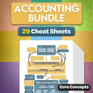 May include: An accounting bundle featuring 29 cheat sheets with a stack of white pages displaying the accounting equation, assets, liabilities, and equity. The text reads Accounting Bundle, 29 Cheat Sheets, and Core Concepts on a colorful background.