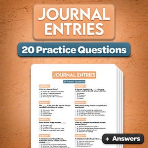 Peut inclure: Une pile de feuilles de papier blanches présentant 20 questions d'entraînement sur les écritures de journal. Le texte inclut des en-têtes comme Journal Entries et 20 Practice Questions, avec des questions comptables à choix multiples.