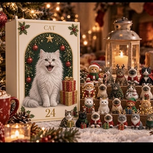 Pode incluir: Um calendário do advento retangular com a ilustração de um gato branco, o texto CAT e 24, e vinte e quatro figuras de gatos em miniatura com roupas festivas, dispostas em degraus de madeira com decorações de Natal.