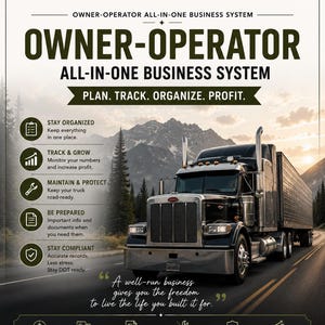 May include: A digital flyer for the Found & Filed owner-operator all-in-one business system. It features a black semi-truck on a mountain road with text overlays including Plan, Track, Organize, Profit, and categories for financial and maintenance tracking.