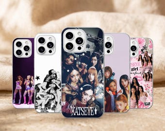 Funda para teléfono Katseye rosa con collage K-pop para iPhone 17Pro, 16, 15, 14, 13, 12, Samsung S26, S25, S24, S23Fe, A16, A56, Pixel 10, 9Pro