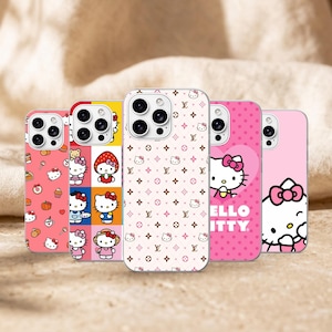May include: Five smartphone cases featuring Hello Kitty designs. One case has a pink background with small food icons, another has a colorful grid of Hello Kitty, one features a repeating monogram pattern, one has a pink heart, and one is solid pink.