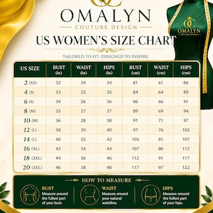May include: A US women's size chart by Omalyn Couture Design featuring a dark green mannequin with a measuring tape. The table lists sizes 2 through 20 with corresponding bust, waist, and hip measurements in inches and centimeters for reference.