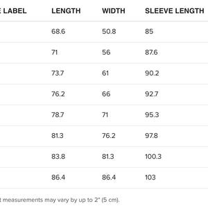 May include: Size chart for a garment with measurements in inches for length, width, and sleeve length. Sizes range from S to 5XL.