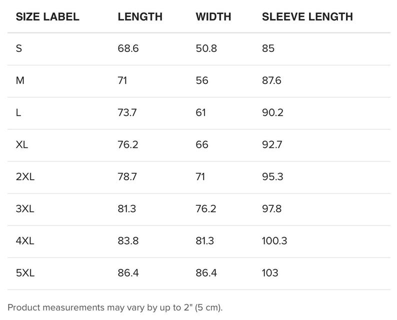 May include: Size chart for a garment with measurements in inches for length, width, and sleeve length. Sizes range from S to 5XL.