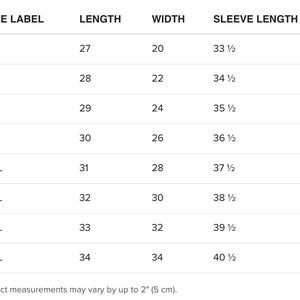 May include: Size chart showing measurements in inches for a shirt, including size label, length, width, and sleeve length. Sizes range from S to 5XL.