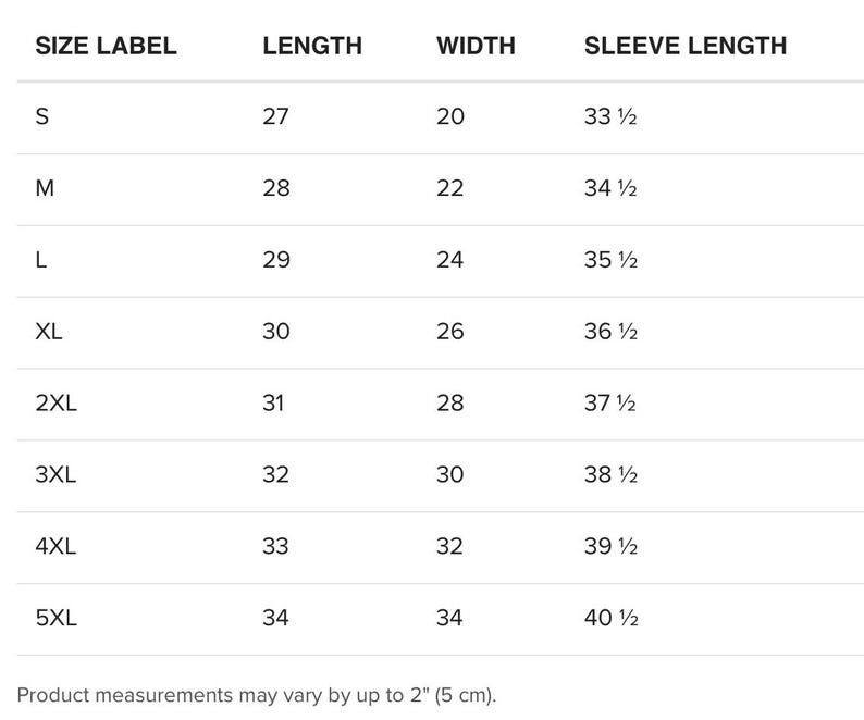 May include: Size chart showing measurements in inches for a shirt, including size label, length, width, and sleeve length. Sizes range from S to 5XL.