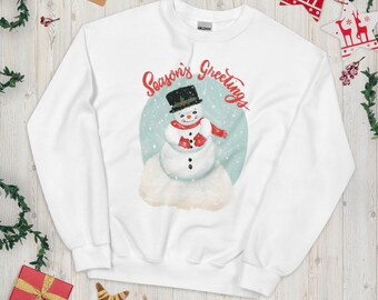 Vintage Style Christmas Sweatshirt . Retro Seasons Greetings Snowman . Cute Hand Lettered Illustrated Winter Snow Unisex Sweatshirt