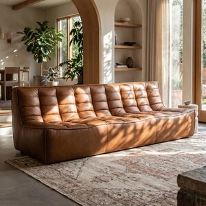 Caramel Leather Tufted Sofa, 70s Italian Style Armless Floor Lounge Couch
