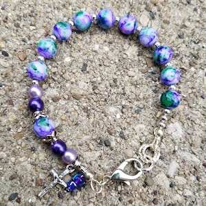 Purple Green And White Beaded Single Decade Rosary Bracelet