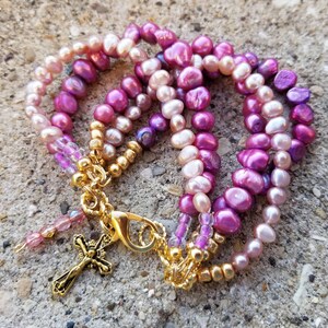 Purple Pink Freshwater Pearl Five Strand Bracelet With Crucifix