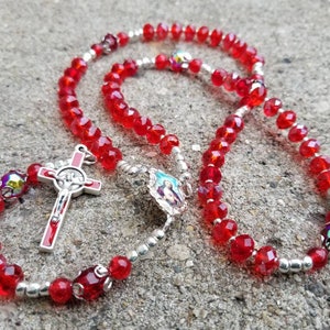 Red Crystal Beaded Rosary With Sacred Heart Centerpiece