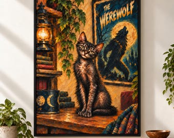 Chat Lykoi et Loup-Garou, Tableau Horreur Vintage à Télécharger, Affiche Humoristique, Art Mural Chat, Décoration Murale Originale