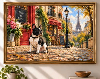 Art mural Bouledogue français à Paris, peinture impressionniste, Tour Eiffel, toile canvas ou encadrée, décoration murale vintage