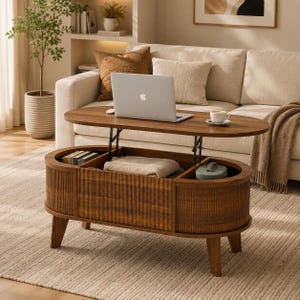May include: A walnut-toned oval coffee table with a lift-top mechanism that elevates the surface. The base features a fluted wood design with curved ends and internal storage compartments containing books, a folded textile, and a small container.