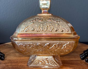 Vintage Jeannette Marigold Karnevalsglas Bonboniere Deckel Eichel Eichenblatt 125