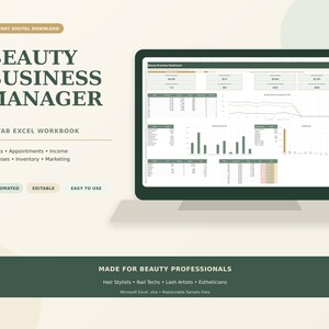 May include: A digital Beauty Business Manager 15-tab Excel workbook displayed on a computer screen. The interface features charts, tables, and data fields for clients, appointments, income, expenses, inventory, and marketing for beauty professionals.