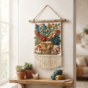 Op de afbeelding: Een rechthoekige, crèmekleurige wandhanger met een getextureerd punch needle ontwerp van een potplant met kleurrijke bloemen, varens, paddenstoelen en een vlinder. Het stuk hangt aan een houten stok en heeft franjes aan de onderkant.