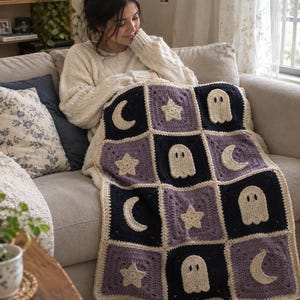 Halloween Crochet Blanket Pattern PDF, Ghost Moon Star Granny Square Lap Throw, Spooky Cute Crochet Pattern