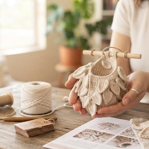 May include: A beige crocheted wall hanging basket featuring a textured leaf pattern on the exterior, suspended from a horizontal wooden dowel. The basket is crafted from light-colored yarn and includes a small loop for hanging on the wooden rod.