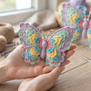 May include: A crochet butterfly ornament featuring layered wings in pastel shades of lavender, mint green, yellow, and coral. The butterfly has a textured, stitched body and two antennae tipped with small beads, showcasing intricate yarn work.
