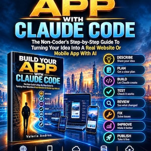May include: A book titled Build Your App With Claude Code by Valeria Andros, featuring a silhouette walking through a glowing doorway. The cover displays a city skyline, a laptop, and mobile devices, alongside a list of steps from describe to publish.