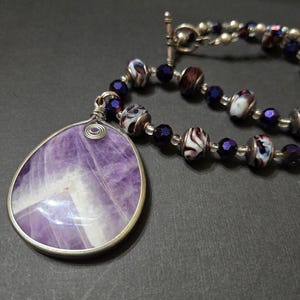 Handmade Chevron Amethyst Pendant Necklace, Wire Wrapped Purple Stone Statement Jewelry, Beaded Gemstone, Banded Agate Style Toggle Closure