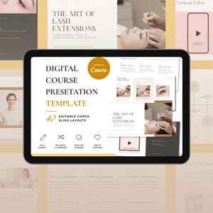 Op de afbeelding: Een digitale tablet met een presentatiesjabloon voor een cursus wimperextensions. Het scherm toont de tekst Digital Course Presentation Template, 40 Editable Canva Slide Layouts en diverse miniaturen van instructiedia's.