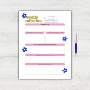 Könnte beinhalten: Ein weißes Wochenplanungsblatt mit gelbem Text, rosa Überschriften und blauen Blumenakzenten. Das Layout enthält Abschnitte für Erfolge, Lächeln, Stolz, Herausforderungen, zukünftige Ziele und Vorsätze sowie Felder für Daten und einen blauen Stift.
