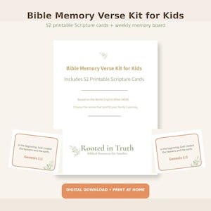 May include: A Bible Memory Verse Kit for Kids featuring 52 printable scripture cards and a weekly memory board. The cards display the text In the beginning, God created the heavens and the earth. Genesis 1:1 with a botanical illustration.