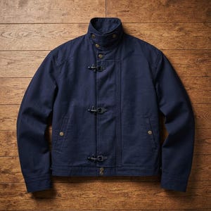 Men’s Fireman Clasp Workwear Jacket, Navy Stand Collar Utility Coat, Retro Short Jacket