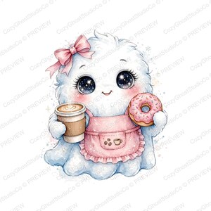 Könnte beinhalten: Ein flauschiges weißes Wesen mit großen, dunklen, sternenartigen Augen und einer rosa Schleife auf dem Kopf. Es trägt eine rosa Rüschenschürze, hält einen braunen Kaffeebecher in der einen und einen rosa glasierten Donut in der anderen Hand.