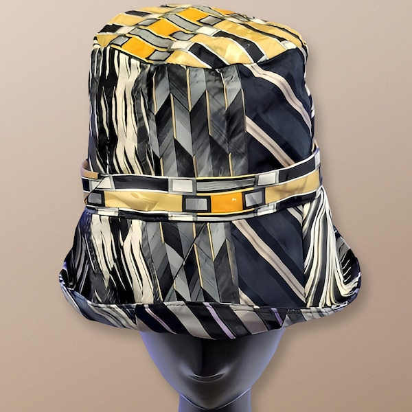 Art Deco - Upcycled Handcrafted One Of A Kind Chic Silk Pattern Bucket Style Hat From Vintage Men's Neckties, Black, White, Beige, Gold