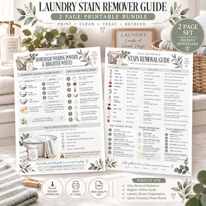 May include: A two-page printable laundry stain remover guide bundle featuring a homemade washing powder recipe, a white brightening soak, and a stain removal guide with instructions for various spills, all decorated with green leaf illustrations.
