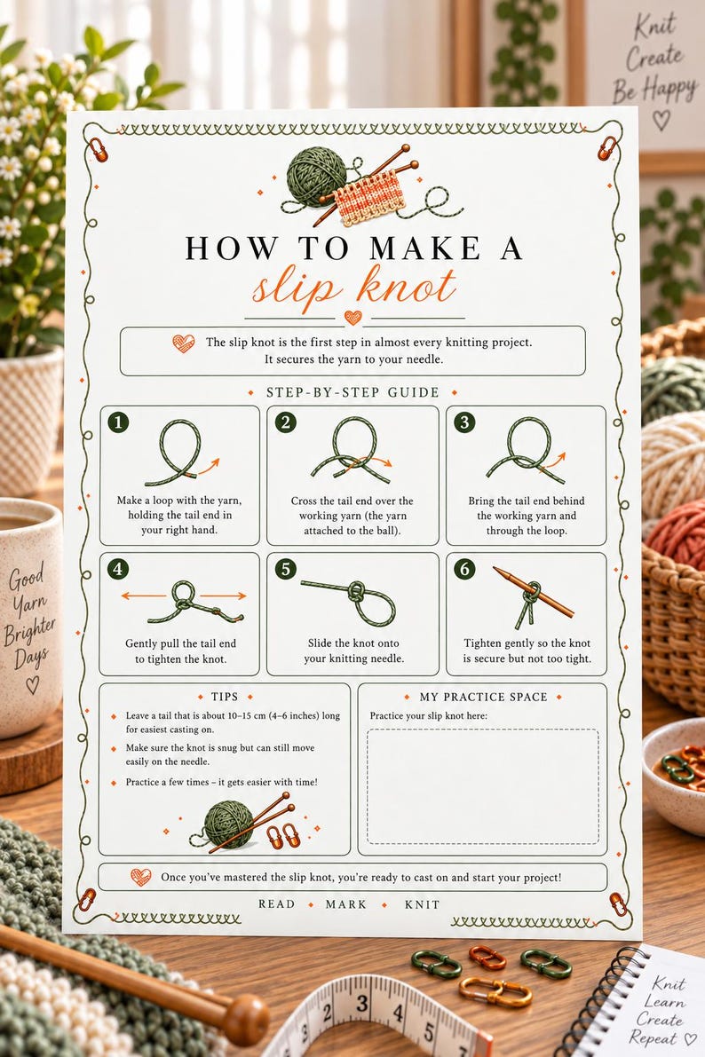 Pu&ograve; includere: Un poster didattico bianco intitolato How to Make a Slip Knot, con sei illustrazioni numerate che mostrano i passaggi per creare un nodo scorsoio con filato verde. Include uno spazio per esercitarsi, suggerimenti e testo sul lavoro a maglia.