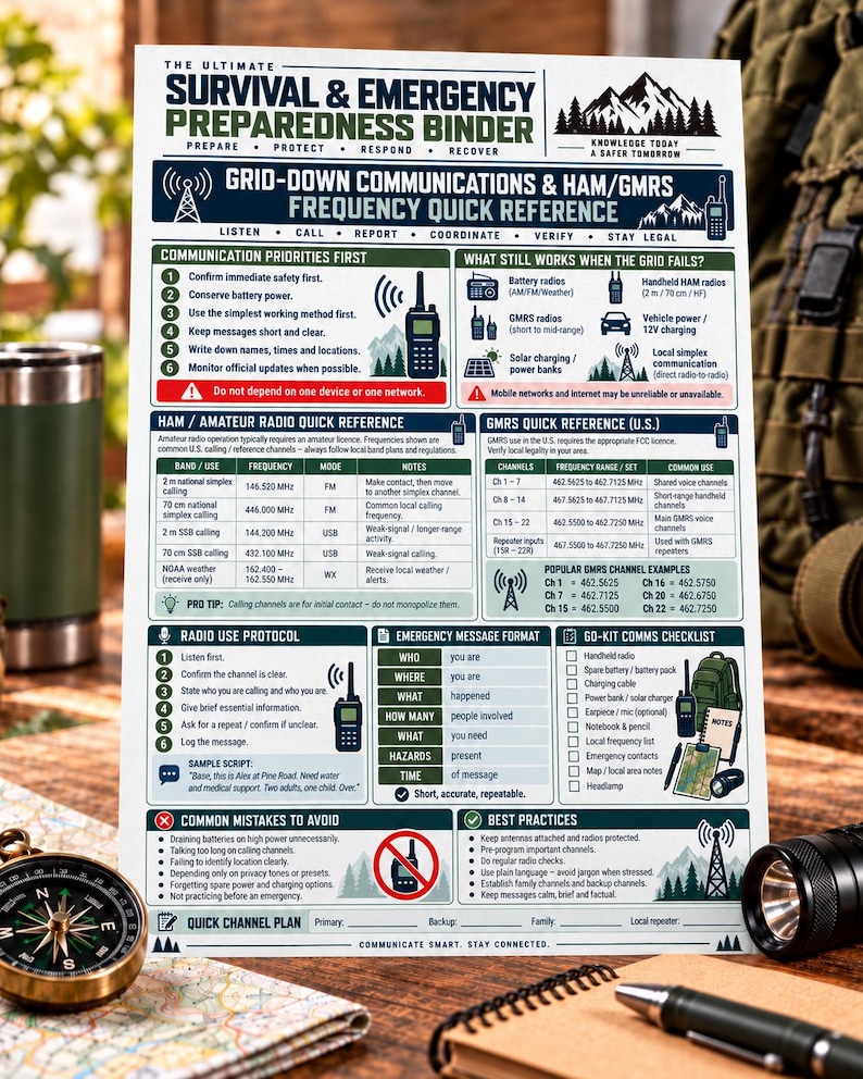 May include: A white informational sheet titled The Ultimate Survival & Emergency Preparedness Binder, featuring dark blue and green text, icons, and tables detailing grid-down communications, HAM and GMRS radio frequencies, and protocols.
