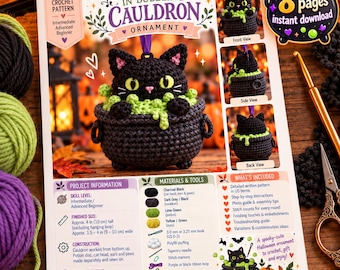 Black Cat in Cauldron Crochet Pattern, Halloween Amigurumi Ornament (PDF Guide)