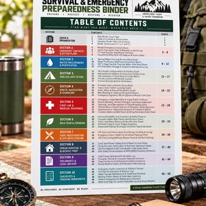May include: A white informational sheet titled The Ultimate Survival & Emergency Preparedness Binder with a table of contents listing ten sections including emergency contacts, water purification, shelter, first aid, and food preservation.