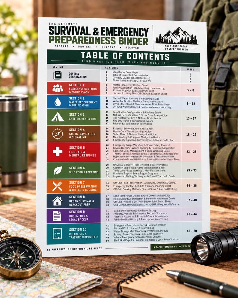 May include: A white informational sheet titled The Ultimate Survival & Emergency Preparedness Binder with a table of contents listing ten sections including emergency contacts, water purification, shelter, first aid, and food preservation.