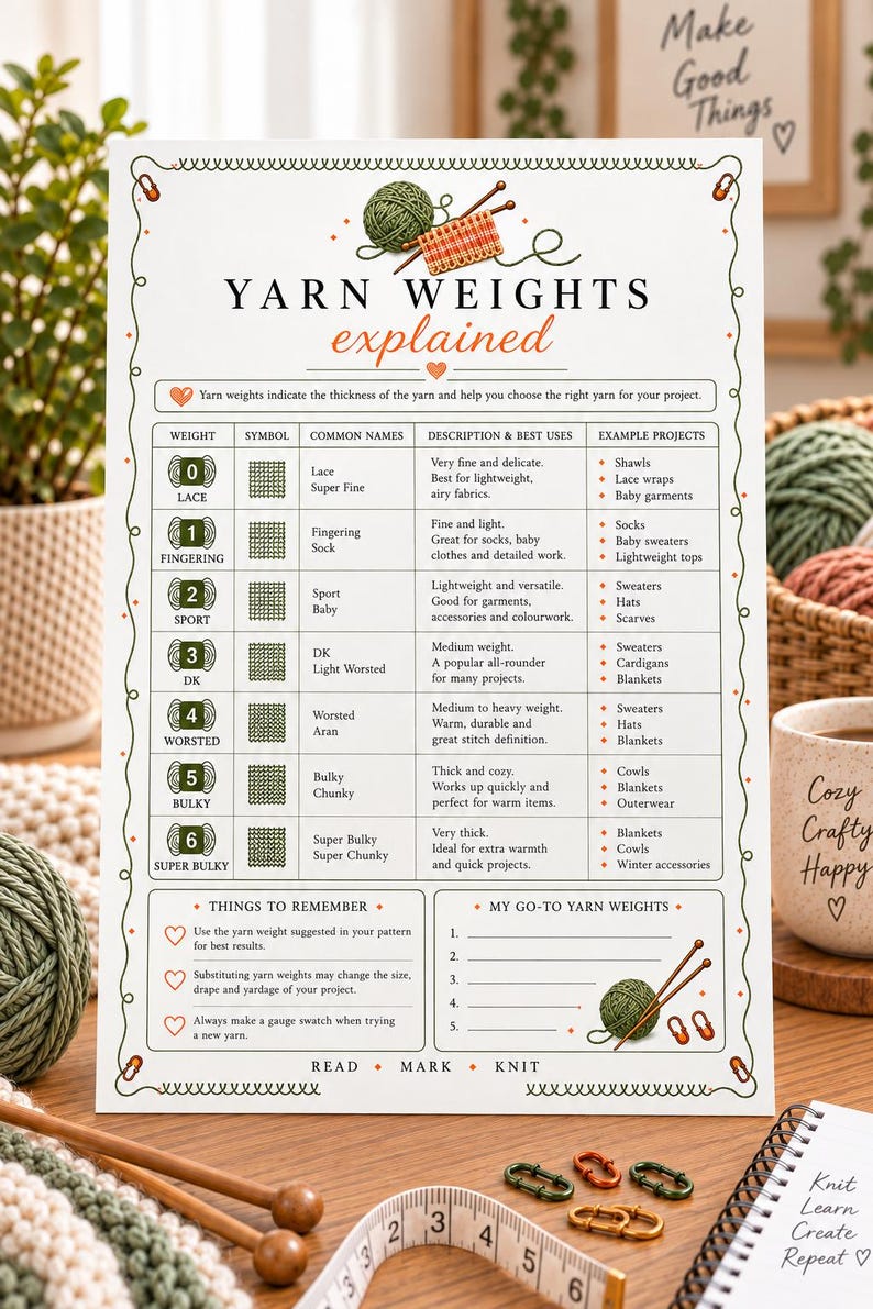 Pu&ograve; includere: Un grafico informativo bianco intitolato YARN WEIGHTS explained, che presenta una tabella con categorie per peso, simbolo, nomi comuni, descrizione e progetti di esempio. Include illustrazioni di gomitoli e ferri da maglia.