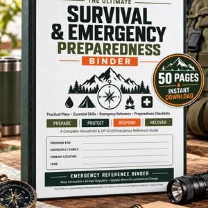 Puede incluir: Una carpeta negra titulada The Ultimate Survival & Emergency Preparedness Binder. La portada presenta un gráfico de montaña y brújula, texto que incluye 50 Pages Instant Download y secciones para información del hogar y guías de emergencia.