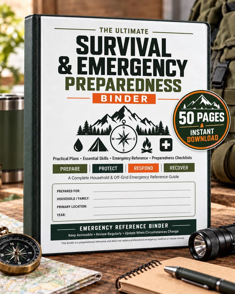 May include: A black binder titled The Ultimate Survival & Emergency Preparedness Binder. The cover features a mountain and compass graphic, text including 50 Pages Instant Download, and sections for household information and emergency reference guides.