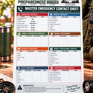 May include: A white Master Emergency Contact Sheet with black, red, blue, green, and orange headers. The document features sections for emergency services, medical, family, friends, schools, work, utility, and other contacts with blank fields.