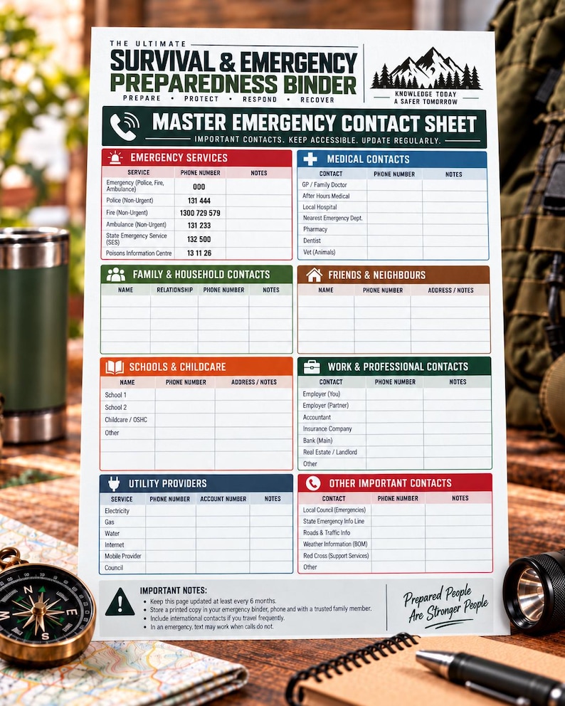 May include: A white Master Emergency Contact Sheet with black, red, blue, green, and orange headers. The document features sections for emergency services, medical, family, friends, schools, work, utility, and other contacts with blank fields.