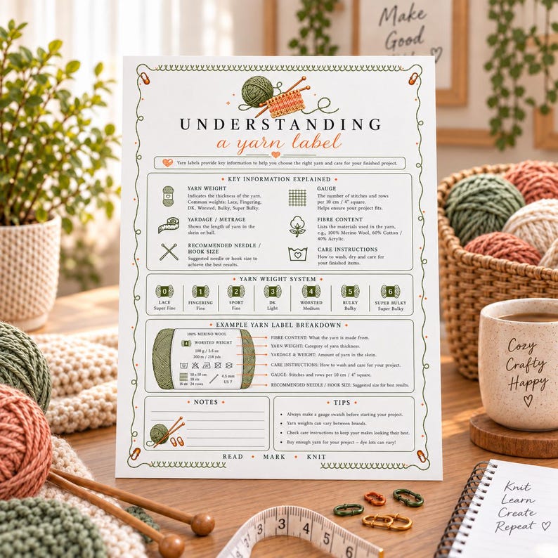 Pu&ograve; includere: Un poster educativo bianco intitolato Understanding a yarn label, con bordi decorativi verdi e arancioni. Include sezioni su peso del filato, calibro, contenuto di fibre, istruzioni per la cura, una tabella dei pesi e un esempio di etichetta.