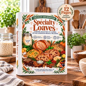 Artisan Sourdough Specialty Loaves PDF, 12 Page Recipe Guide, Jalapeno Cheddar Chocolate Raisin Everything Bagel Inclusion Loaf A4